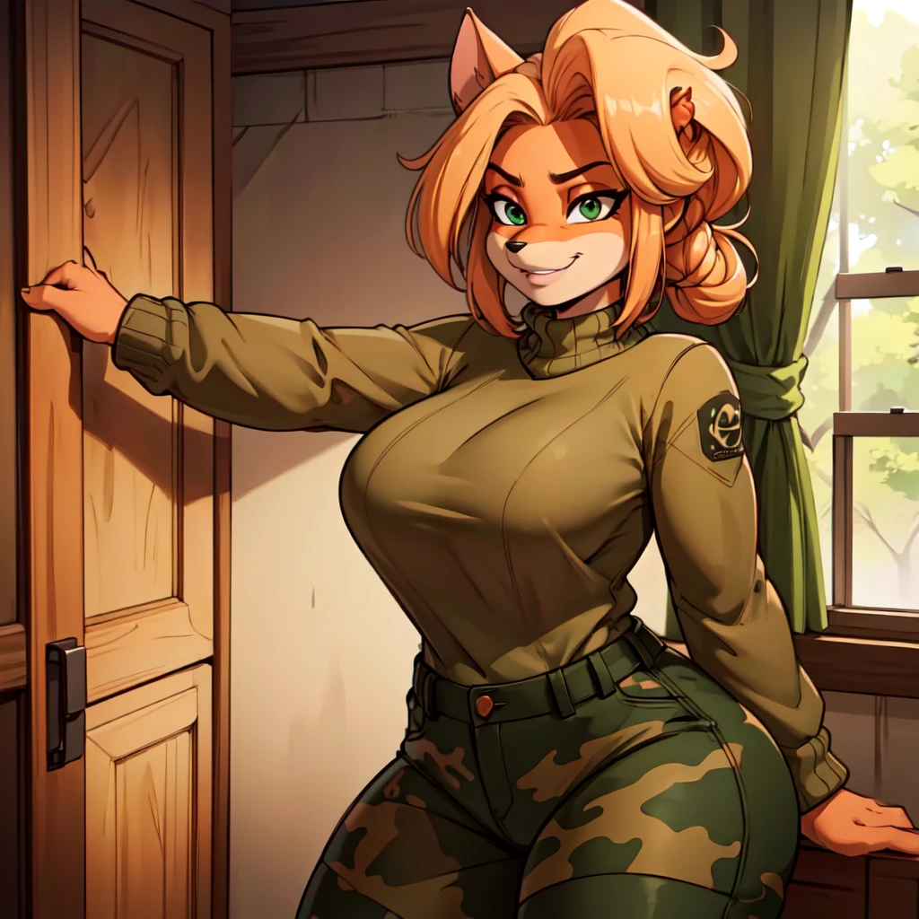 (Best quality,4K,8 k,A high resolution,masterpiece:1.2),ultra detailed,realistic:1.37,portrait,anthro bandicoot girl red, Braided hair, beautiful green eyes, sexual ,seductive, warm sweater, camouflage pants, grinning, , Anthro Girl , sweater, camouflage pants,