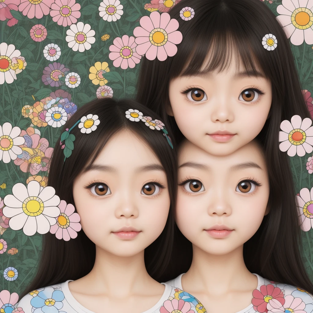 Cute Chinese girl, illustrator, Takashi Murakami, flowers, vector art,coloring pages,coloring page for beginner,big eyes,flat, Illustrator
