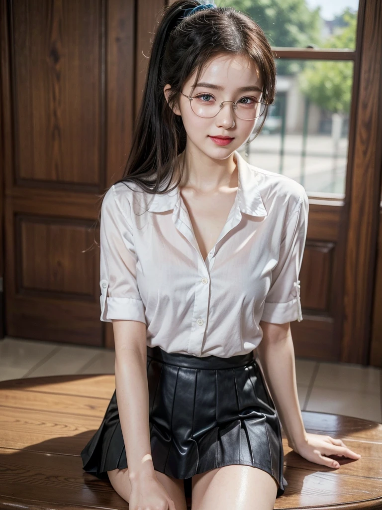 ((Best quality, masterpiece, detailed)), (RAW, 4k, hd images), shy, 1 girl, 20 years old, white skin, long hair, ponytail, layers hair, bangs, black hair, beautiful girl, cute girl, sweet girl, pretty girl, perfect girl, perfect eyes, pretty eyes, blue eyes, thin lips, thin, (eye line, lip stick soft) perfect , glasses(detailed frame), indoors, smile, thigh, formal clothes, short skirt, sit on table
