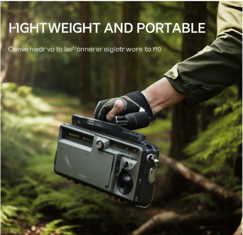 A man carrying a radio in the forest, Highest quality, Angle View, Ease of use, high - Angle View, 1 0 8 0 p, 1080P, HD 16K, Shooting angle below, wide high Angle View, Angle View, Low-angle camera view, 8K 1080P