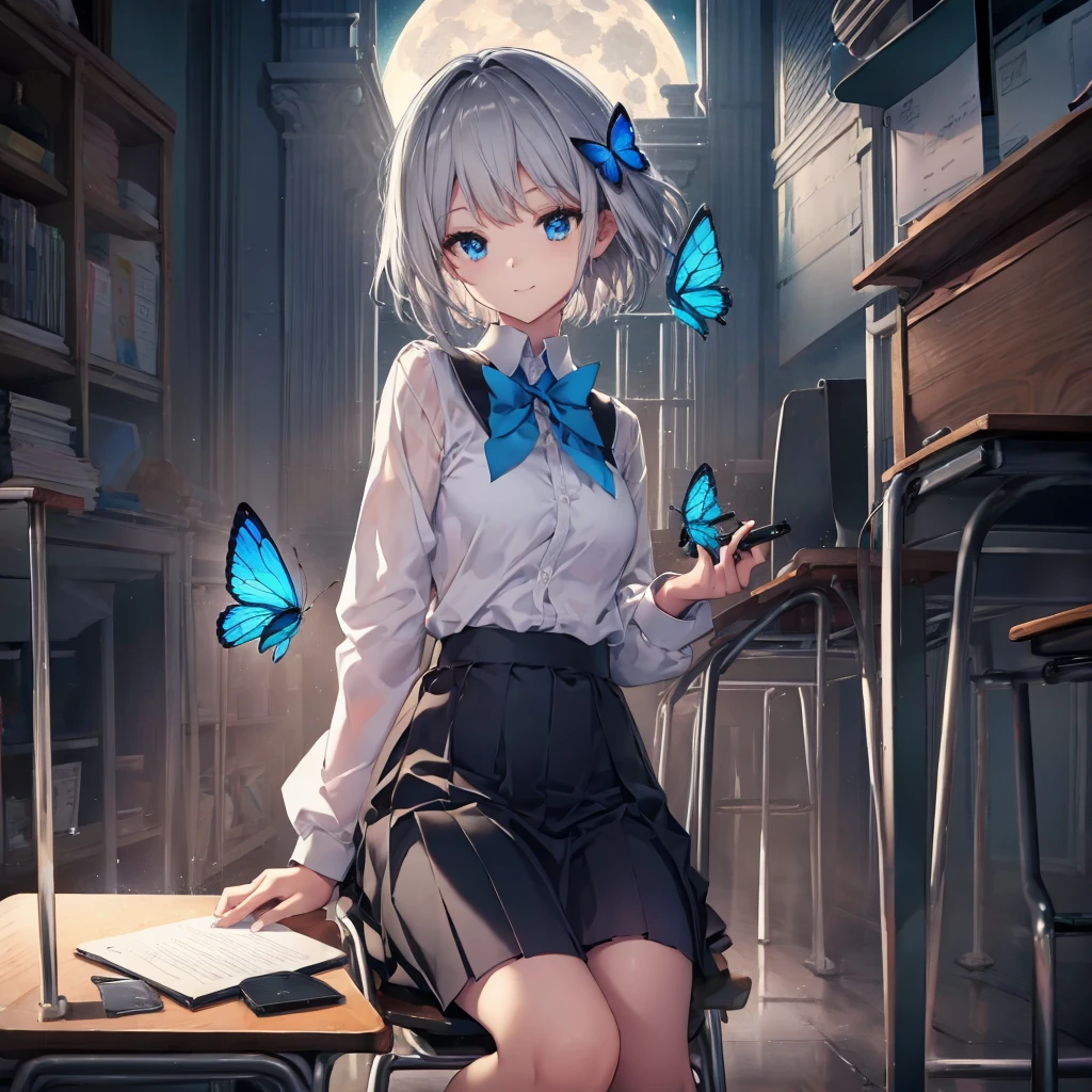 (((1 person　Gray Hair　Holding a pen　classroom　Chair　sit)))　((High resolution　short hair　tie　Black Skirt　Rin々Funny face　))　((student　blue eyes　Close-up))　((Blue Butterfly　night　学校のclassroom　Shining Aura　sit　Catch the wind　Looking at the moon outside))　(smile　Bathed in light)　月night　moonlight　star　Shuriken　Shining Background　Shining Edge