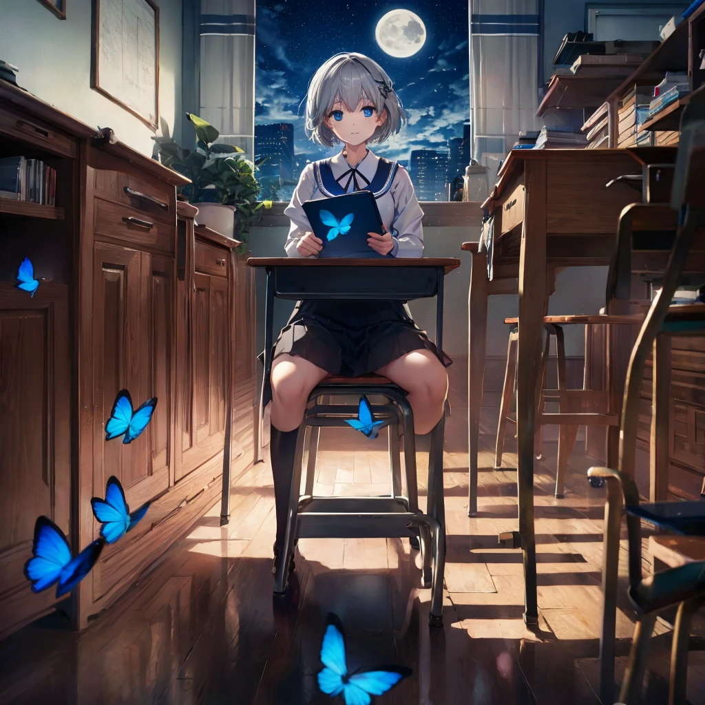 (((1 person Gray Hair Holding a pen classroom Chair sit))) ((High resolution short hair tie Black Skirt Rin々Funny face )) ((student blue eyes Close-up)) ((Blue Butterfly night 学校のclassroom Shining Aura sit Catch the wind Looking at the moon outside)) (smile Bathed in light) 月night moonlight star Shuriken Shining Background Shining Edge