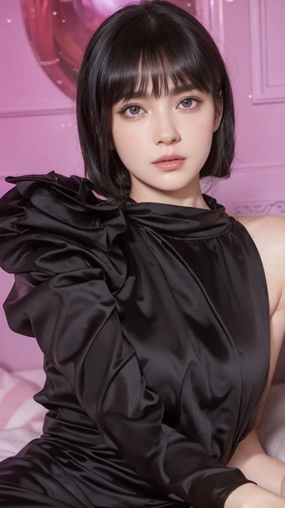A woman in a black suit taking a selfie in a cozy, highly detailed and photorealistic scene, with an extremely detailed and complex background, best quality masterpiece illustration, beautiful eyes, delicate face, perfect details, and best lighting, 4K, 8K, super detailed CG, real, octane render