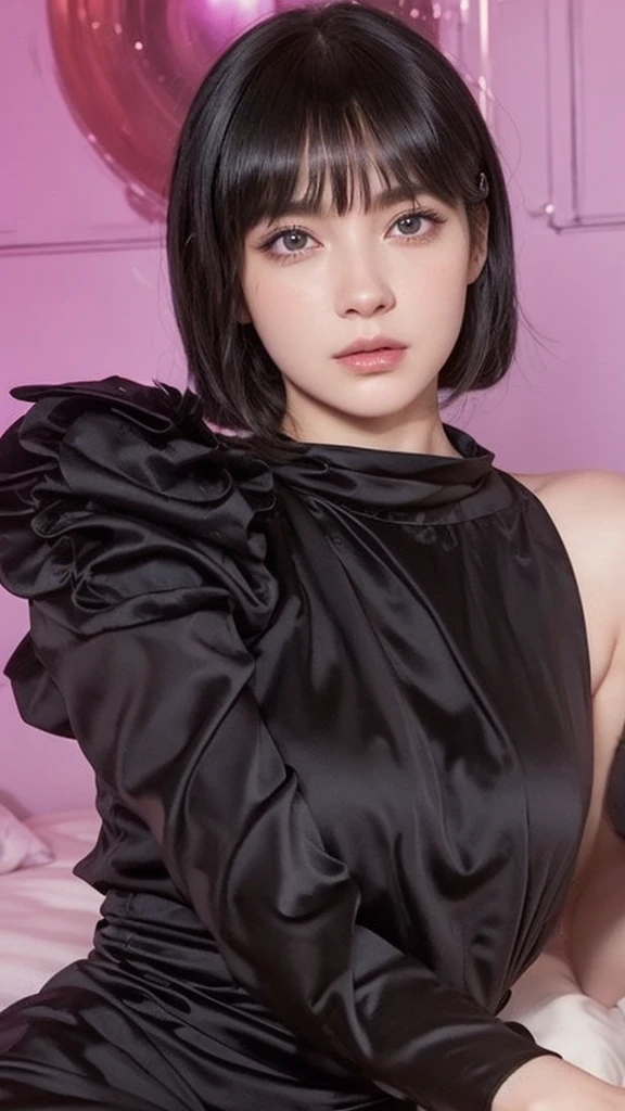 A woman in a black suit taking a selfie in a cozy, highly detailed and photorealistic scene, with an extremely detailed and complex background, best quality masterpiece illustration, beautiful eyes, delicate face, perfect details, and best lighting, 4K, 8K, super detailed CG, real, octane render