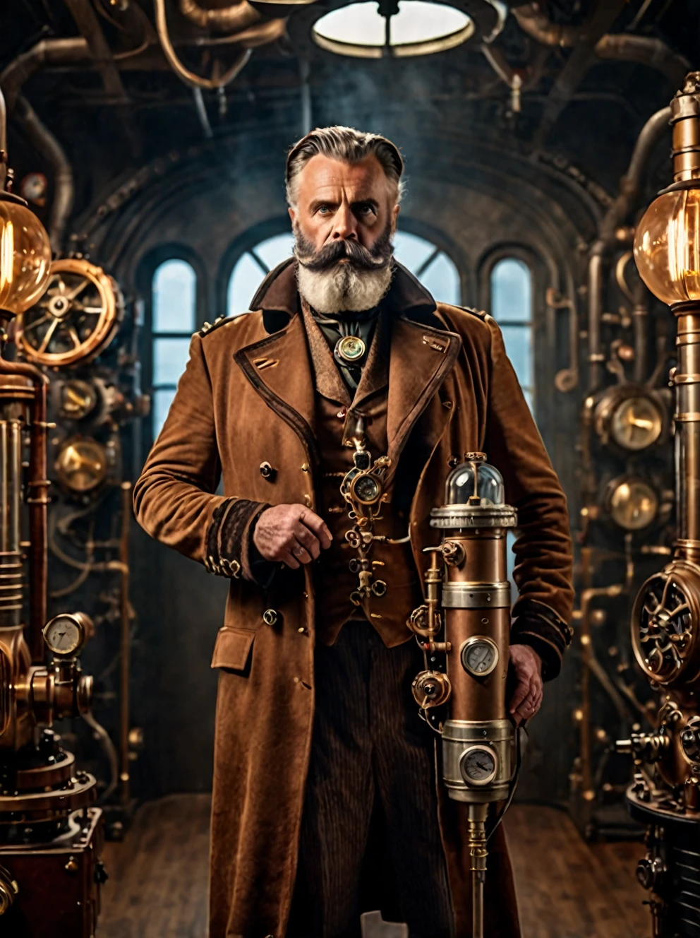 photo focus on male focus, indoors, realistic scenery, (captain nemo:1.1), retro-futuristic,  holding a vacuum tube, thermionic valve ,   steampunk nautilus-style. very wide shot, character photo portrait, film, professional, 4k