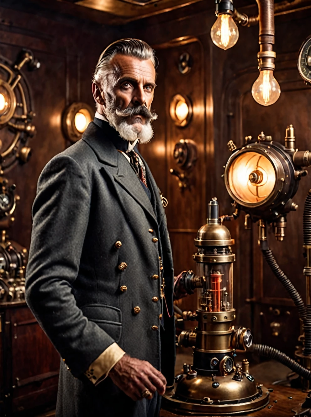 photo focus on male focus, indoors, realistic scenery, (captain nemo:1.1), retro-futuristic,  holding a vacuum tube, thermionic valve ,   steampunk nautilus-style. very wide shot, character photo portrait, film, professional, 4k