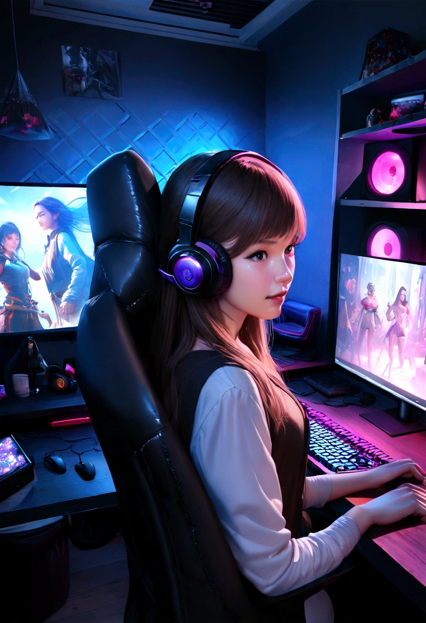 a girl playing video games,artistic portrait,keyboard,mouse,headphones,LED lights,high-res,ultra-detailed,professional,gaming setup,bright colors,studio lighting,serious facial expression,game controller, casual clothing,concept artists, a cozy gamer room, gaming setup, colorful LED lights, comfortable gaming chair, high-resolution gaming monitor, gaming PC with powerful graphics card, gaming headset, gaming keyboard and mouse, posters of favorite video games, shelves full of game collection, game consoles with controllers, energy drinks and snacks on the table, immersive gaming experience, futuristic atmosphere, vibrant colors, dynamic lighting, intense gameplay, ultimate gaming setup, ultra-realistic graphics, competitive gaming environment. gamer room, gamer girl, streamer, camera, game on the monitor, leds rgb. gaming chair, one medium monitor, dark room, backlit screens, the best room with decoration for the player, night, beautiful girl, sitting naked on a gaming chair, slim body, perfect face, very high resolution, (beautiful ), , all detailed, unbuttoned vest, ultra detailed artistic photography, gorgeous face, hyperdetailed, photorealistic, digital painting, digital illustration, extreme detail, digital art, photorealistic, 32k, high-resolution,(best quality,4k,8k),ultra-detailed,(realistic,photorealistic,photo-realistic:1.37),portraits,concept artists,scenes,(vibrant colors,vivid colors:1.1),(sharp focus,detailed:1.1),illustrations,video game theme,character design,interactive experience,immersive art,realistic rendering,advanced lighting,3D models,(dynamic poses,action poses:1.1),young adults,modern technology,game controller design,animated characters,surrounding environment,special effects,(suspenseful atmosphere,tense atmosphere:1.1),game interface design,attractive aesthetics,(fantasy elements,magical creatures:1.1),intense emotions,endless possibilities, asian girl, long hair, ultra high deatiled, realistic, ultra high quality wallpaper