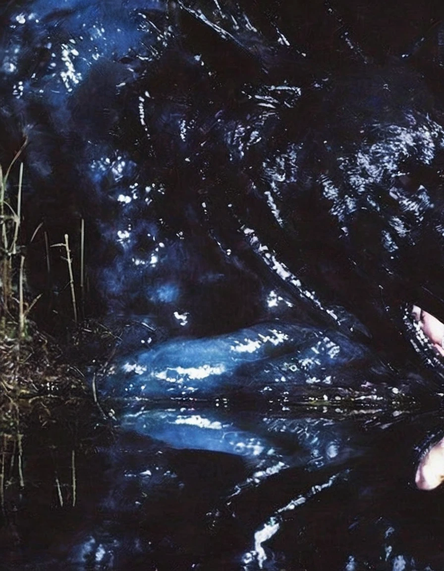 film photography, vintage, fashion photography of horror, horror mask in black water, blue night forest background