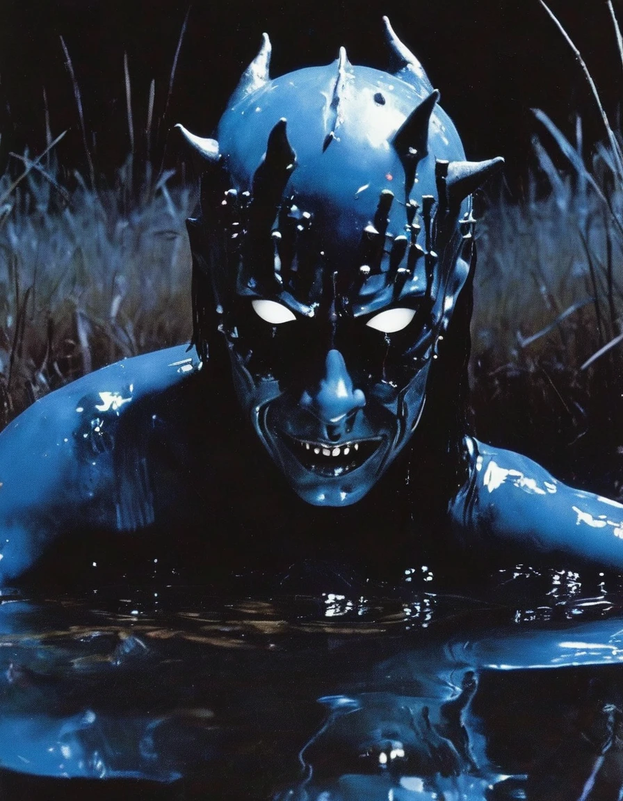 film photography, vintage, fashion shoot of female horror monster, blue dark background