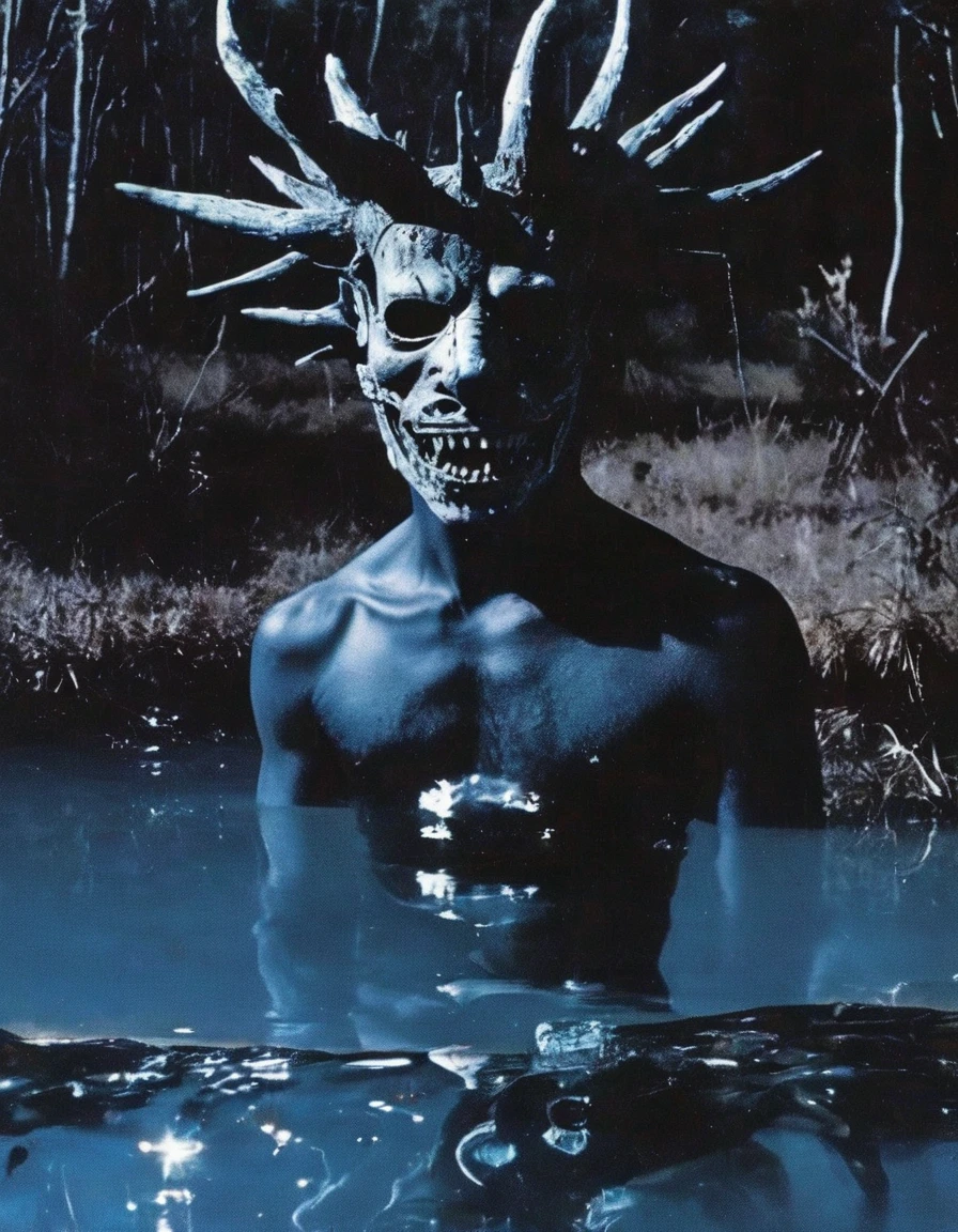 film photography, vintage, fashion photography of horror, horror mask in black water, blue night forest background