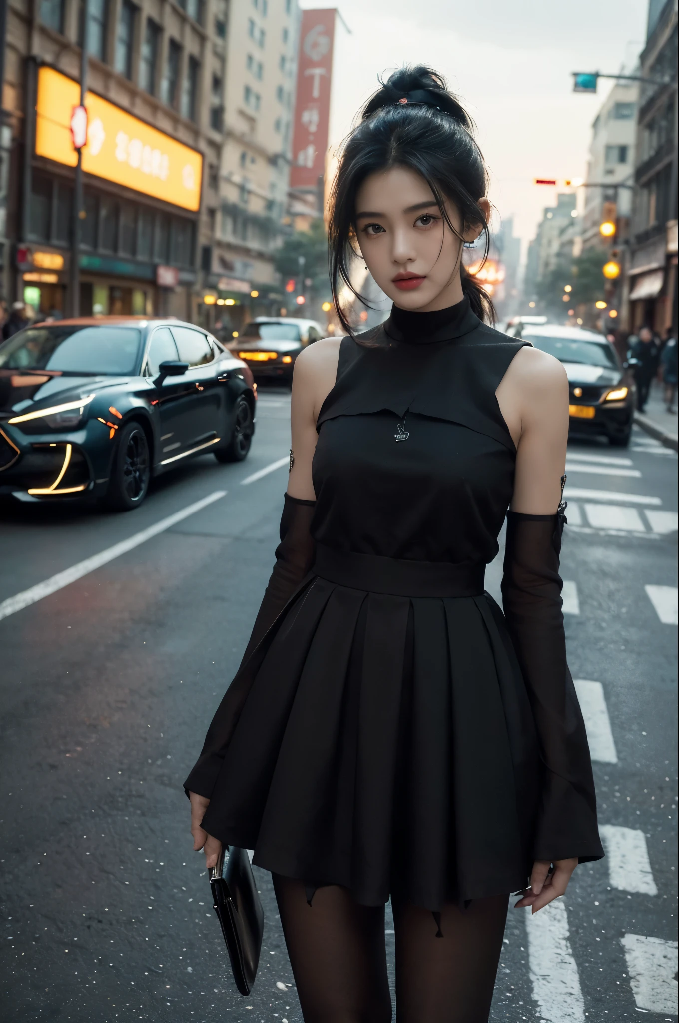 (((best quality))),(((ultra detailed))),(((masterpiece))),illustration,1girl,slim,vibrant cotton dress,short ponytail,flat ,pantyhose,standing, bustling city streets, honking cars,surrounded by crowded crowds, colorful advertisements,enjoying sights and sounds,(dark black skin:1.5),(day scene:1.3),upper body,arms behind back,sunshine