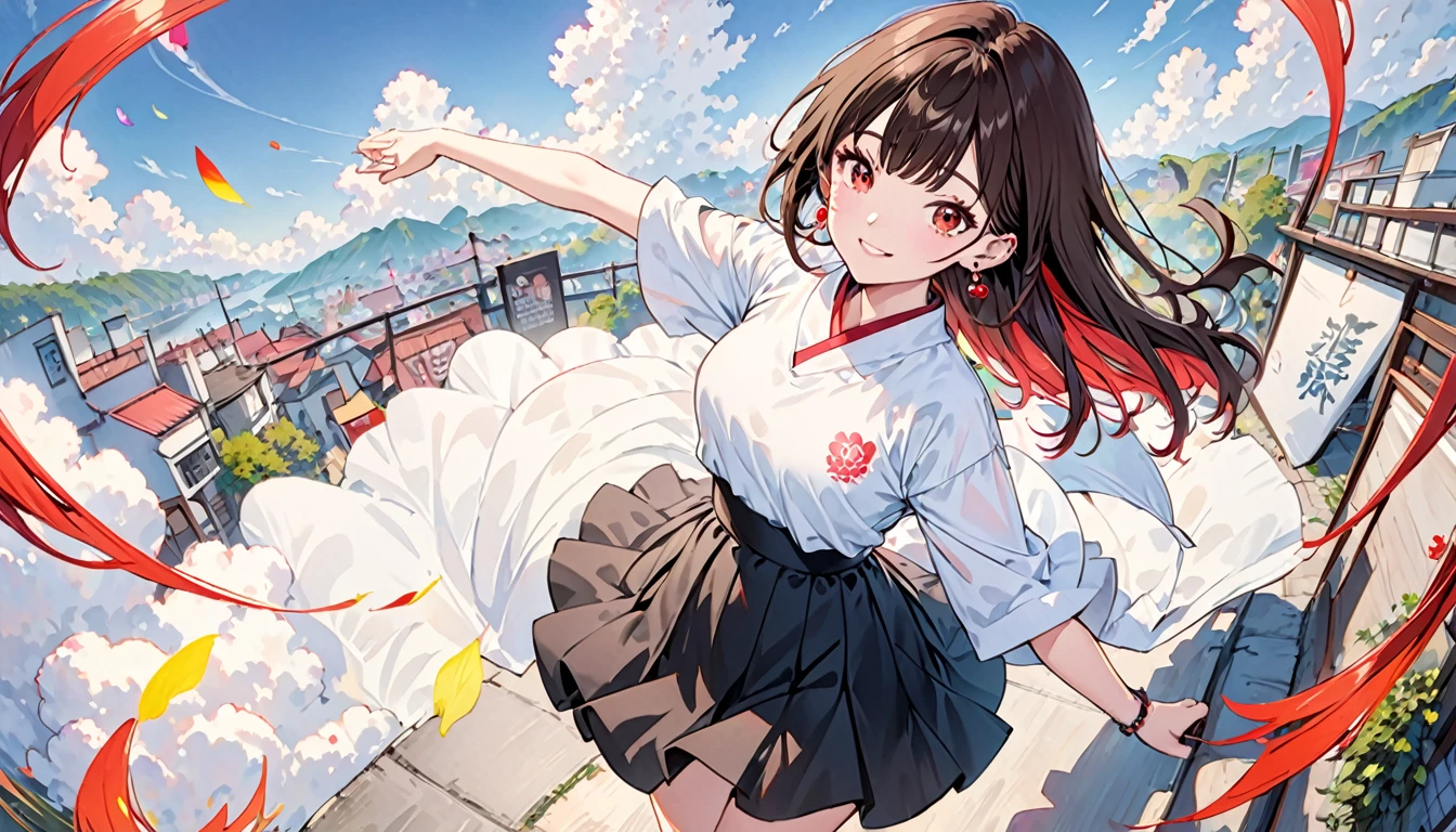 From above、Highest quality、Mastepiece、Photo of、Age 25、beautiful、Watching the viewer、Background is white、Brown Hair、Earringsウーマン、Earrings、smile、(Colorful Hair)、Black shorts、dull bangs、(Black Skirt)、(1girl:1.5、solo)、PhotoReactive、High resolution、Red Eye、Korean、Cowboy Shot、Gothic、huge、(Perfect :1.5)