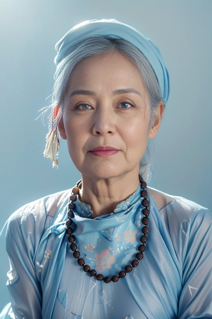 Highly realistic photo, ((masterpiece), (best quality), (raw photo), (photorealistic:1.4), Portrait of a 85 year old Vietnamese woman, wearing a brown traditional Vietnamese aodai and a black scarf on her head, ((gray hair)), ((light blue background:1.4)) , photo taken by Sony A7IV
