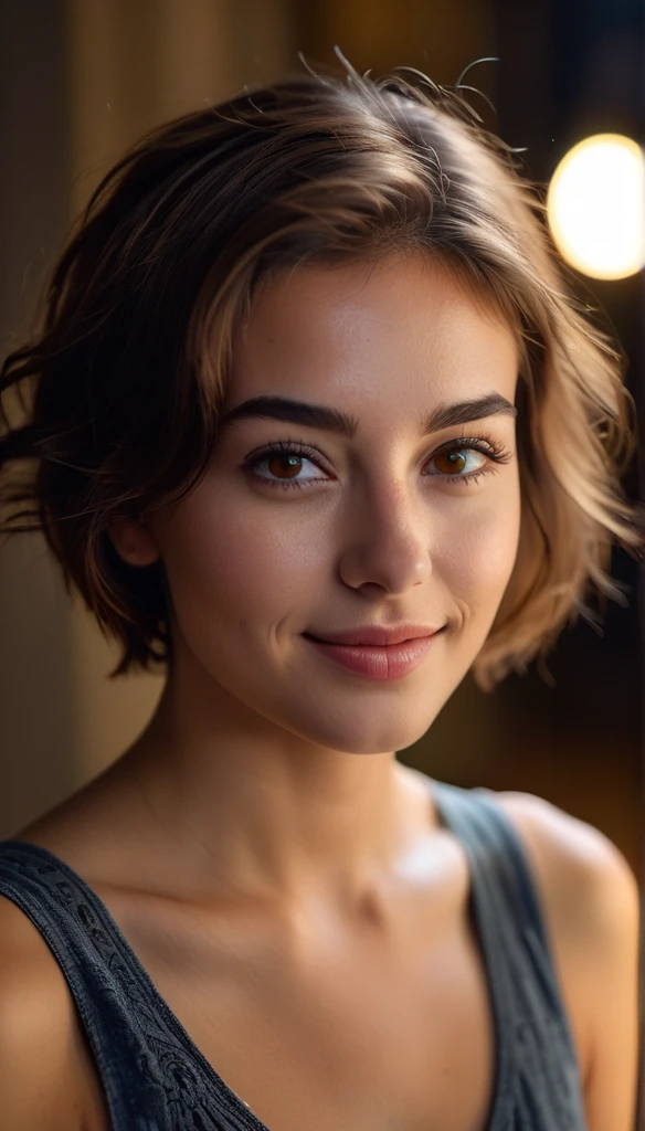 Night, RAW Photography, (Very Beautiful Portrait), 25 Year Old Woman, ((Natural Brown Hair with Short Cuts)), [Brown Eyes], Gentle Smile Staring at the Camera, ((Masterpiece, Best Quality, Ultra Detail, Cinematic Lights, Intricate Detail, High Definition, 8k, Very Detailed)), Detail Background, 8k UHD, DSLR, soft lighting, high quality, film grain, fujifilm XT3, shallow depth of field, natural light, perfect face
