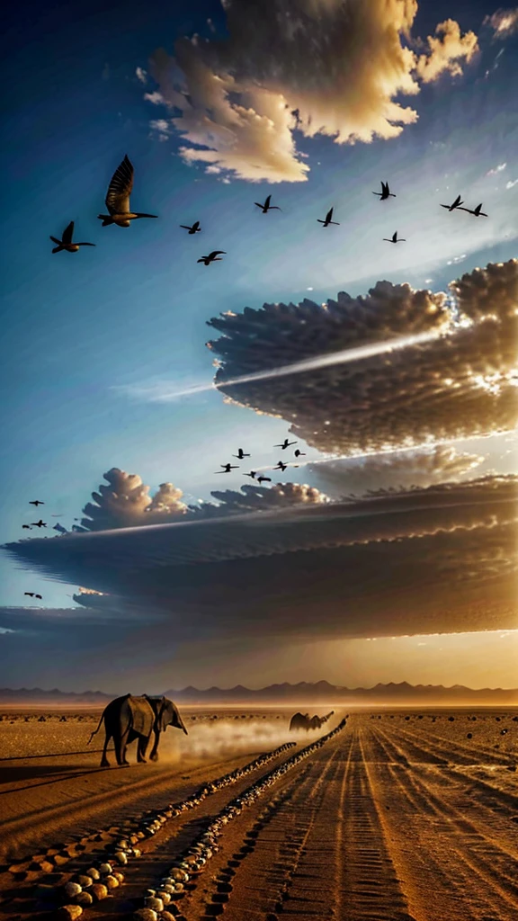 The dramatic atmosphere of a flock of ababil birds carrying small hot stones, which attacks the war troops riding elephants below. The background is a vast sky and a barren desert, creating an epic picture of an intense attack moment. Ultra-real, dramatic, high resolution, 8k resolution, intricate details