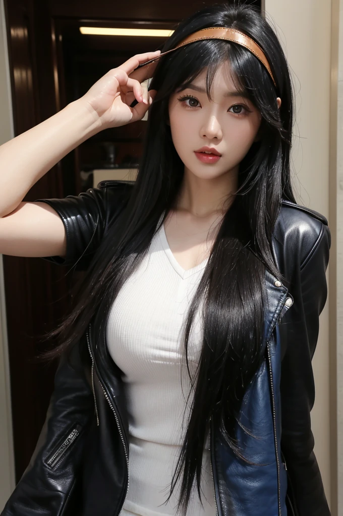 30-year-old woman,Black Hair,Asian,Korean style long hair,Headband,Long Bangs,Blue Eyes,Dark Skin,leather jacket,Selfie