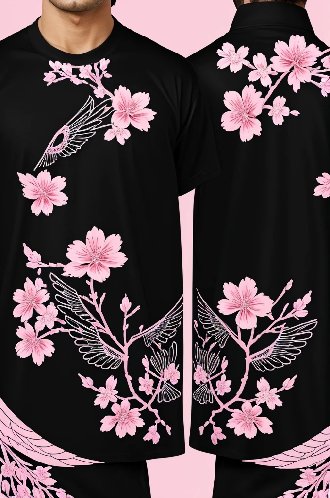 A design for back side of black tshirt. The design should me made of cherry blossom making wings. Make the best design