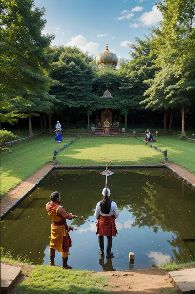 Generate an image showing a Gurukul in which some students performing a farming ,sword fighting ,archery , meditation 