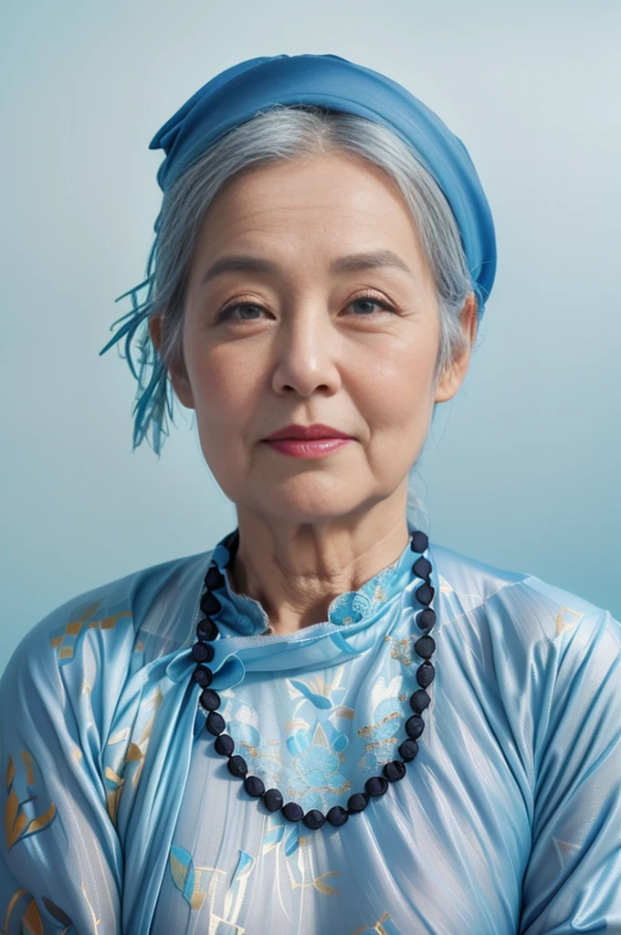 Highly realistic photo, ((masterpiece), (best quality), (raw photo), (photorealistic:1.4), Portrait of a 85 year old Vietnamese woman, wearing a brown traditional Vietnamese aodai and a black scarf on her head, ((gray hair)), ((light blue background:1.4)) , photo taken by Sony A7IV
