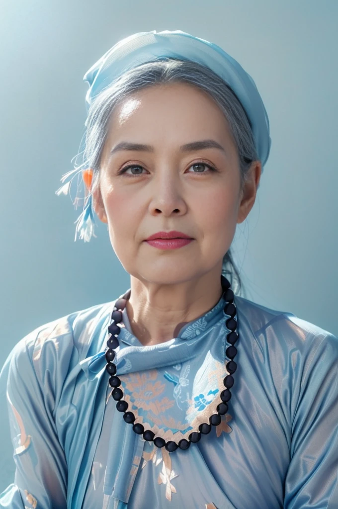 Highly realistic photo, ((masterpiece), (best quality), (raw photo), (photorealistic:1.4), Portrait of a 85 year old Vietnamese woman, wearing a brown traditional Vietnamese aodai and a black scarf on her head, ((gray hair)), ((light blue background:1.4)) , photo taken by Sony A7IV
