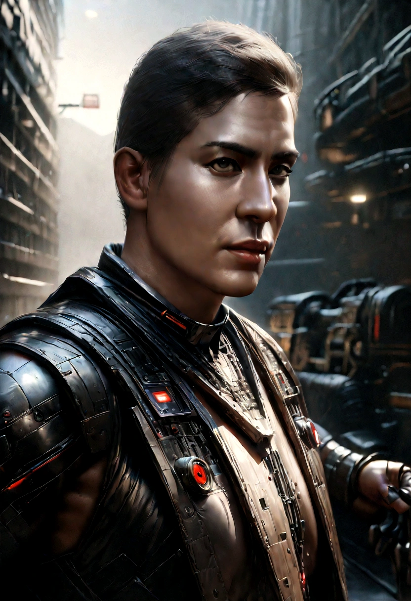 cybernetic armor, futuristic cyborg, intricate metallic plating, advanced robotic limbs, glowing neon lights, sleek futuristic design, complex machinery, advanced technology, biomechanical enhancements, intricate gears and mechanisms, sci-fi cyberpunk aesthetic, highly detailed and realistic, cinematic dramatic lighting, dystopian industrial setting, seamless integration of organic and inorganic elements, bioluminescent accents, imposing and powerful presence, gleaming chrome and steel, cutting-edge innovations, masterfully engineered, (best quality,4k,8k,highres,masterpiece:1.2),ultra-detailed,(realistic,photorealistic,photo-realistic:1.37),cinematic lighting,dramatic shadows,moody atmosphere