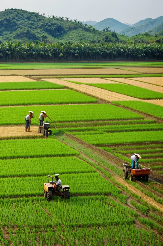 Create a landscape form image about "Farmers preparing land field for rice to Farmers harvesting the rice"