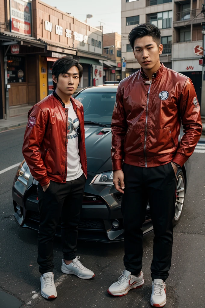 portrait of an Asian guy with a handsome face. with anime style hair. wearing cool branded clothes. standing next to a red tombstone GTR car with modifications and airbrush. city street background.