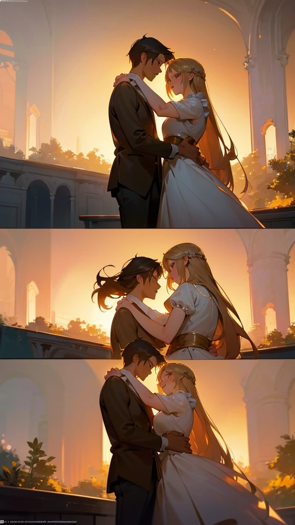 a romantic couple, young boy and girl, detailed faces, beautiful eyes, cute expressions, tender embrace, warm colors, soft lighting, detailed background, elegant garden setting, golden hour lighting, cinematic atmosphere, paintings, masterpiece, highly detailed, photorealistic, 8k, award winning art