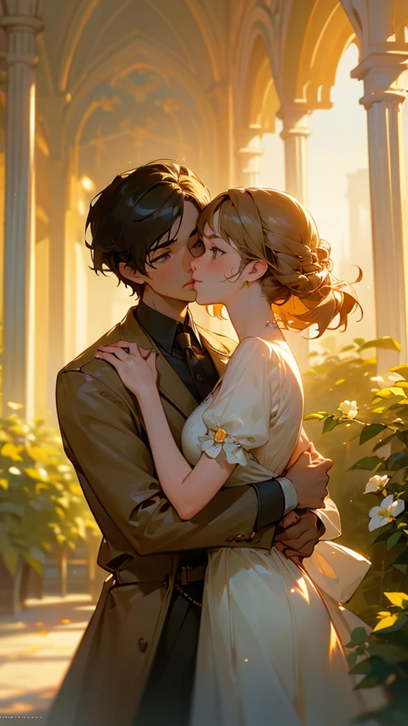 a romantic couple, young boy and girl, detailed faces, beautiful eyes, cute expressions, tender embrace, warm colors, soft lighting, detailed background, elegant garden setting, golden hour lighting, cinematic atmosphere, paintings, masterpiece, highly detailed, photorealistic, 8k, award winning art
