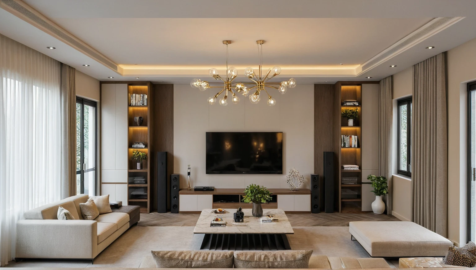 Masterpiece, HD, interior design, TV wall behind the TV, TV wall,French cream style, living room space, sofa, coffee table, green plants, floor-to-ceiling windows, curtains
