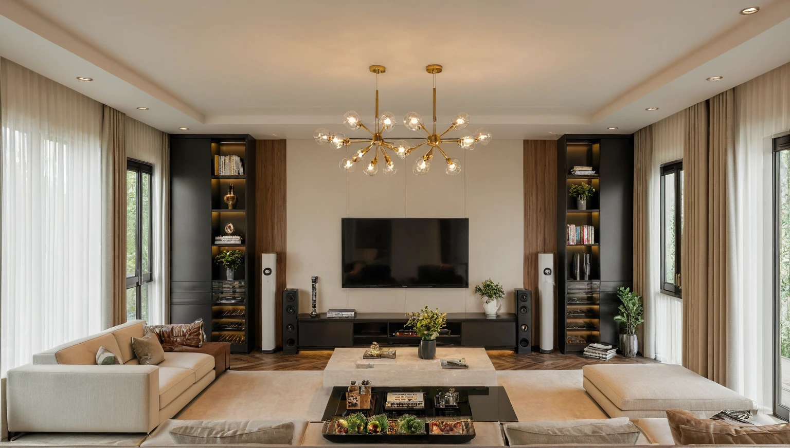 Masterpiece, HD, interior design, TV wall behind the TV, TV wall,French cream style, living room space, sofa, coffee table, green plants, floor-to-ceiling windows, curtains
