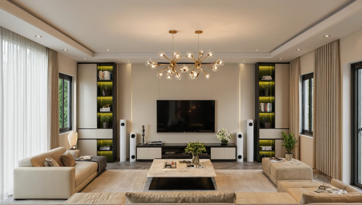 Masterpiece, HD, interior design, TV wall behind the TV, TV wall,French cream style, living room space, sofa, coffee table, green plants, floor-to-ceiling windows, curtains