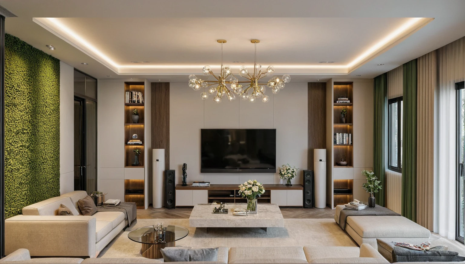 Masterpiece, HD, interior design, TV wall behind the TV, TV wall,French cream style, living room space, sofa, coffee table, green plants, floor-to-ceiling windows, curtains
