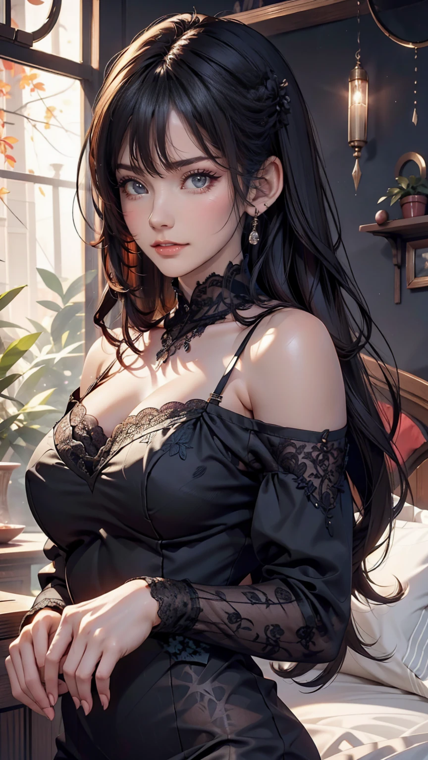 24-year-old woman、Sexy proportions、Sexy、Embroidered black lace off-shoulder sleeved side lace tight mini dress