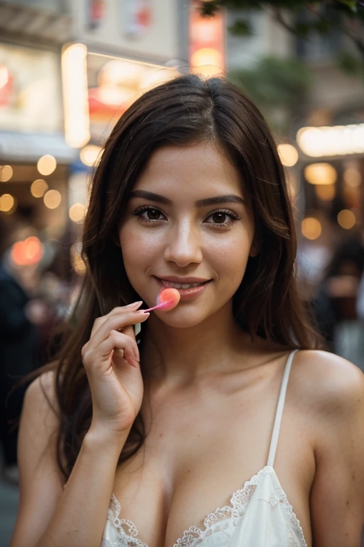 a beautiful argentine woman, (a woman eating a candy) , smiling at the camera, detailed face, beautiful and sexy woman, taking photos for instagram, 1girl, delicate facial features, whole body, highly detailed, photorealistic, 8k, realistic, masterpiece, very high quality, gorgeous eyes, lush eyelashes, lovely lips, perfect skin, elegant expression, fashionable outfit, natural lighting, warm color tones, cinematic composition, shallow depth of field, bokeh background