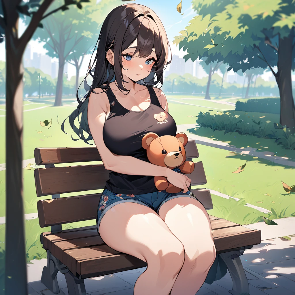 Young girl sitting on a bench in a park with her big beautiful thighs with leaves flying around her, her outfit, which is a tank top with teddy bears printed on it and mini shorts that hug her thigh
