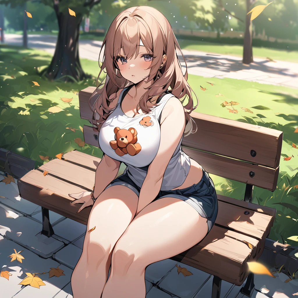 Young girl sitting on a bench in a park with her big beautiful thighs with leaves flying around her, her outfit, which is a tank top with teddy bears printed on it and mini shorts that hug her thigh