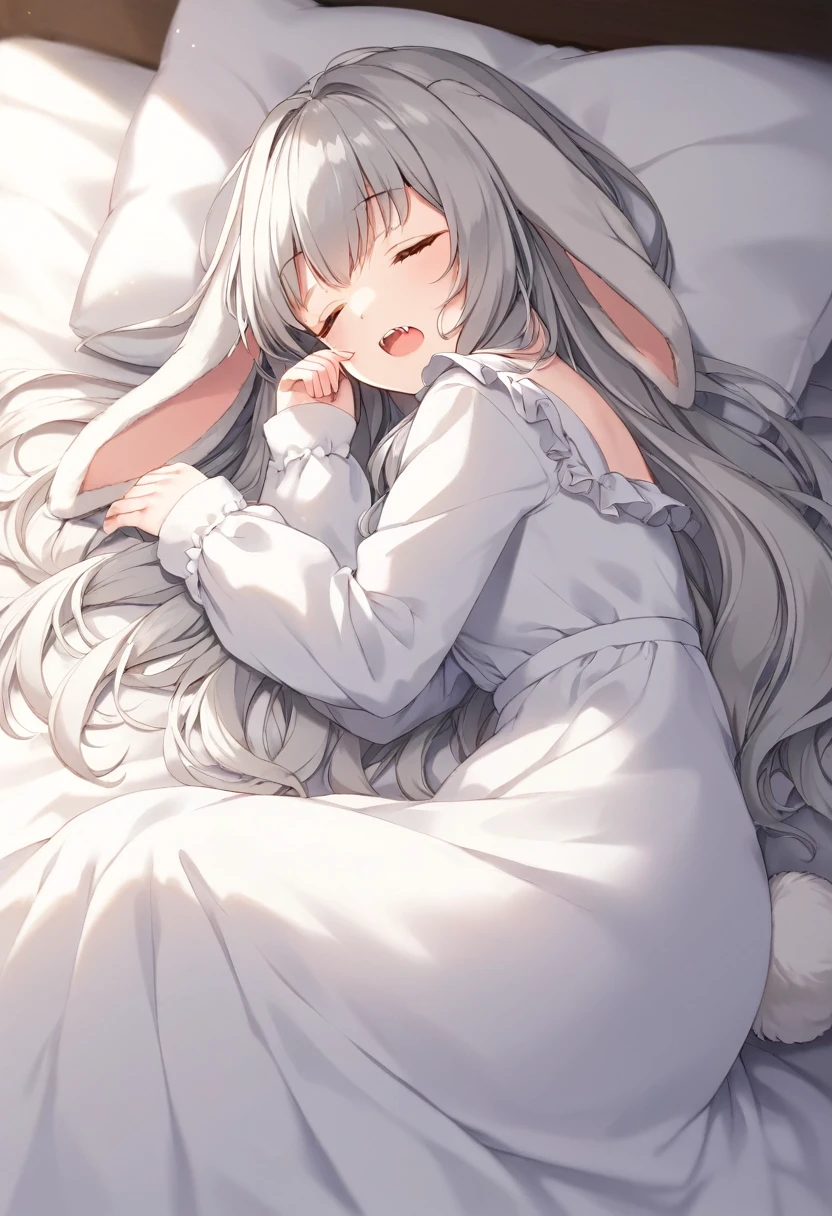 (8k, masterpiece, best quality, ultra-detailed, an extremely delicate and beautiful, official style, depth of field, highly detailed, very aesthetic, intricate, overall detail, perfect anatomy), sleeping, on bed, on side, bed sheet, pillow, BREAK 1girl, solo, gray hair, long hair, closed eyes, rabbit girl, (droopy ears, lop-ears, fluffy:1.2), rabbit tail, (white dress, frill, long sleeves:1.2), faint lips, open mouth, skin fangs