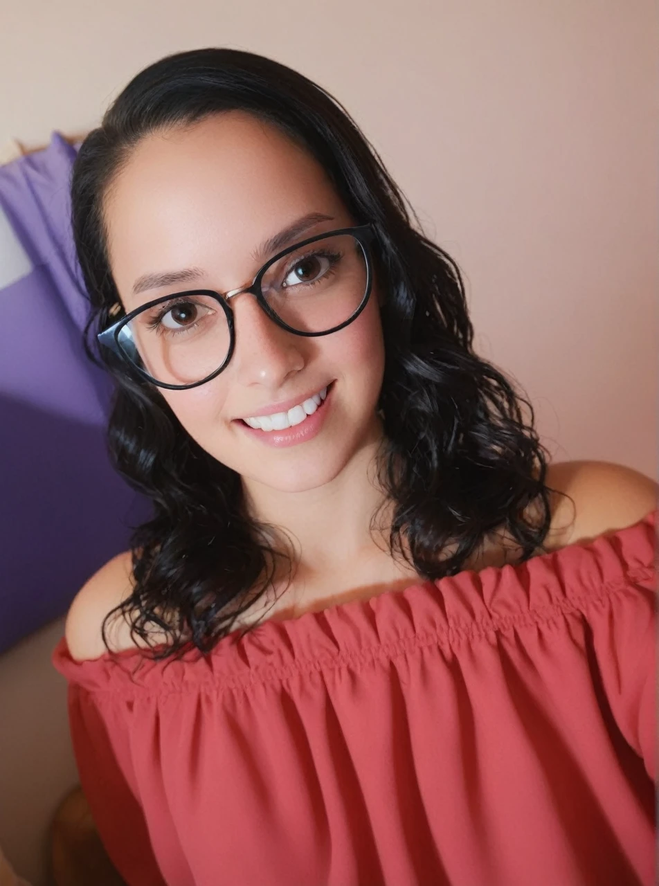 There's a bespectacled woman smiling and posing for a photo, With eye Glasses, with glasses on, bonito ligeiramente nerd sorriso, leve sorriso nerd, Alanis Guillen, !!wearing glasses!!, 18 anos, girl with glasses, !!wearing modern glasses!!, Adriana DXIM, 1 6 anos, selfie shot straight on angle, 1 8 I