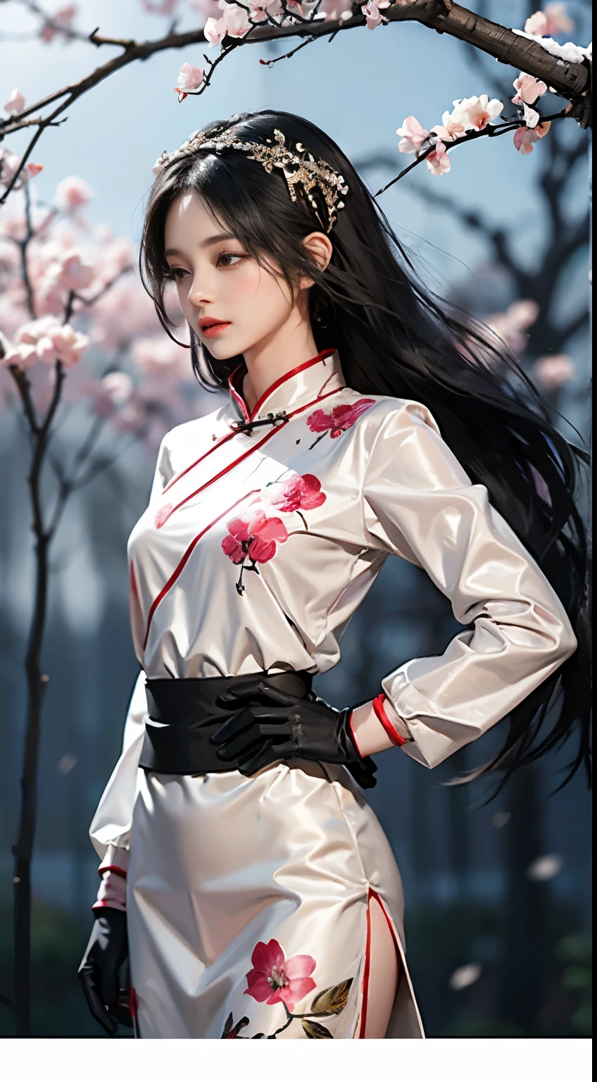 32k（tmasterpiece，k hd，hyper HD，32k）Long flowing black hair，Ponds，zydink， colour，  Xuzhou nationality （Seduce a girl）， （Red scarf in the snow）， battle posture， Looking at the ground， Long grey hair， Floating hair， Koi print headdress， Chinese Long Sleeve Silver Cheongsam， （Abstract gouache splash：1.2）， Pink petals background，Forget about flying flowers（realisticlying：1.4），black colored hair，Falling leaves flutter，The background is pure， hight resolution， detaileds， RAW photogr， Sharp Re， 「Nikon D850 Film」Jeff Fries Lee 4 Kodak Portra 400 Camera F1 Stock Photo.6 shots, Rich colors, Ultra-realistic vivid textures, Dramatic Lighting, Unreal Engine Art Station Trends, Synestil 800，Long flowing black hair，see-through transparent clothes,The belly button and the surrounding area are exposed,Shoulders exposed skin,Small breasts,Small Bust,Small waist,Small waist,Slim figure,Are thin,Small Ass,Small, flat hips,small and flat bust,