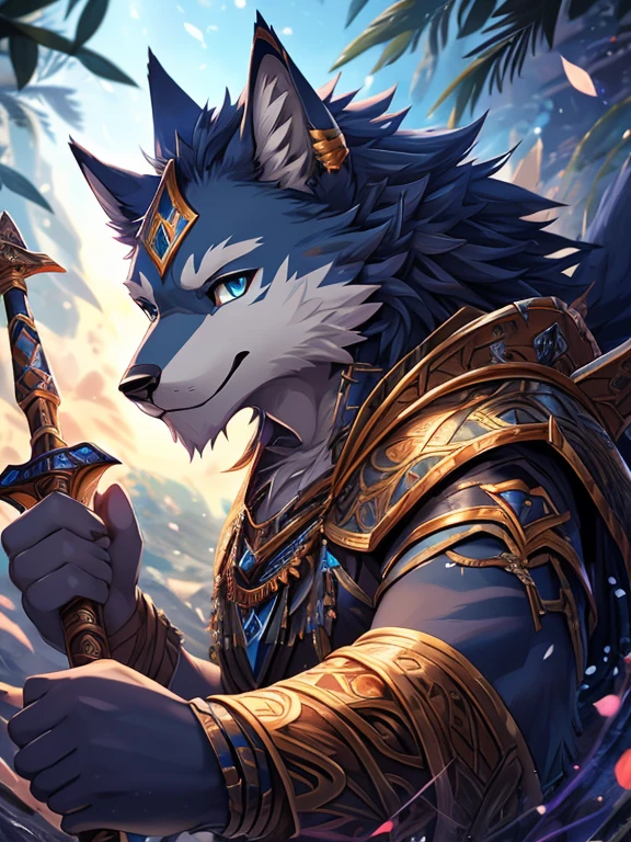 Posted on e621, (By Chuni), male, Solitary, blue eyes, (Realistic eye detail 1.2), Wolf Boy，Light grey fur with fluorescent blue hues，Young wolf boy，Anime character holding a sword in the clouds, Furry Fantasy Art, Anthropology Art, Wolf Warlock, Complete art, very very beautiful Furry Art, Tabaxi monk, Fantasy card game art, Complete art illustration, mystical anubis valkyrie, fursona Furry Art commission, Amazing wallpapers, high resolution佣金, fursona art, Furry Art, Abstract Beauty, Extremely detailed face, Depth of Field, Motion Blur, High Detail, high quality, The award-winning, HD, 16K, (best quality,4K,8K,high resolution,masterpiece:1.2),Extremely detailed,Practical:1.37,HDR,UHD,Studio Lighting,Extremely detailed的描述,professional,Bright colors,Bokeh,Active atmosphere, Natural Lighting