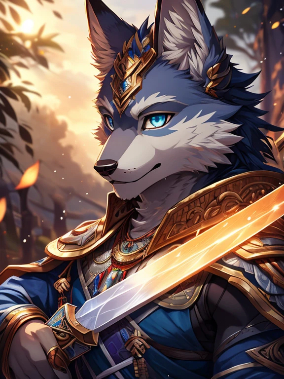 Posted on e621, (By Chuni), male, Solitary, blue eyes, (Realistic eye detail 1.2), Wolf Boy,Light grey fur with fluorescent blue hues,Young wolf boy,Anime character holding a sword in the clouds, Furry Fantasy Art, Anthropology Art, Wolf Warlock, Complete art, very very beautiful Furry Art, Tabaxi monk, Fantasy card game art, Complete art illustration, mystical anubis valkyrie, fursona Furry Art commission, Amazing wallpapers, high resolution佣金, fursona art, Furry Art, Abstract Beauty, Extremely detailed face, Depth of Field, Motion Blur, High Detail, high quality, The award-winning, HD, 16K, (best quality,4K,8K,high resolution,masterpiece:1.2),Extremely detailed,Practical:1.37,HDR,UHD,Studio Lighting,Extremely detailed的描述,professional,Bright colors,Bokeh,Active atmosphere, Natural Lighting