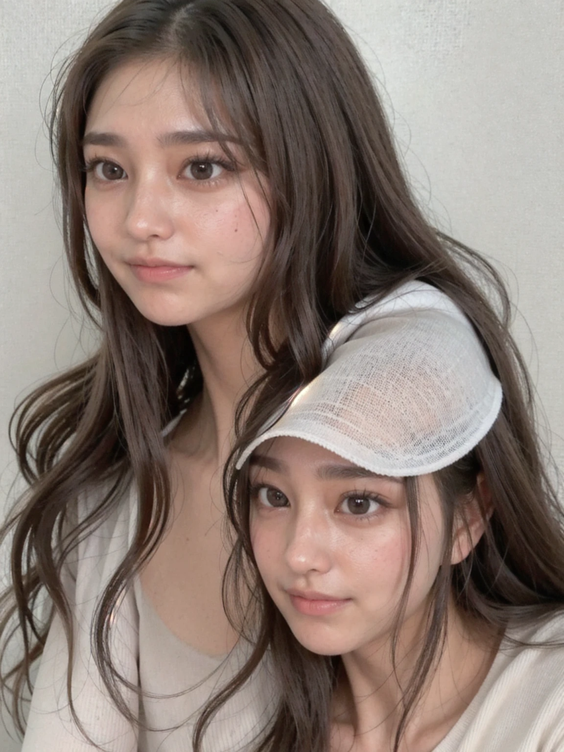 Arabian woman with long brown hair and white shirt, south east asian Round face, Without makeup, Profile photo, Round face, Asian Face, face is brightly lit, 30-year-old woman, No makeup, wavy hair, Filmed in the early 2020s, Asian girl detailed face