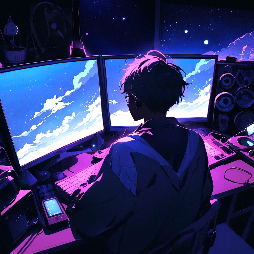 Back view of cool young man listening to music on computer in room full of gadgets, Pol Makoto Shinkai e Ghibli Studio, Dramatic lighting, God's Perspective, Great quality, Dark Skin, Cone Fade、Space landscape with earth on top、creative、neon、Near future