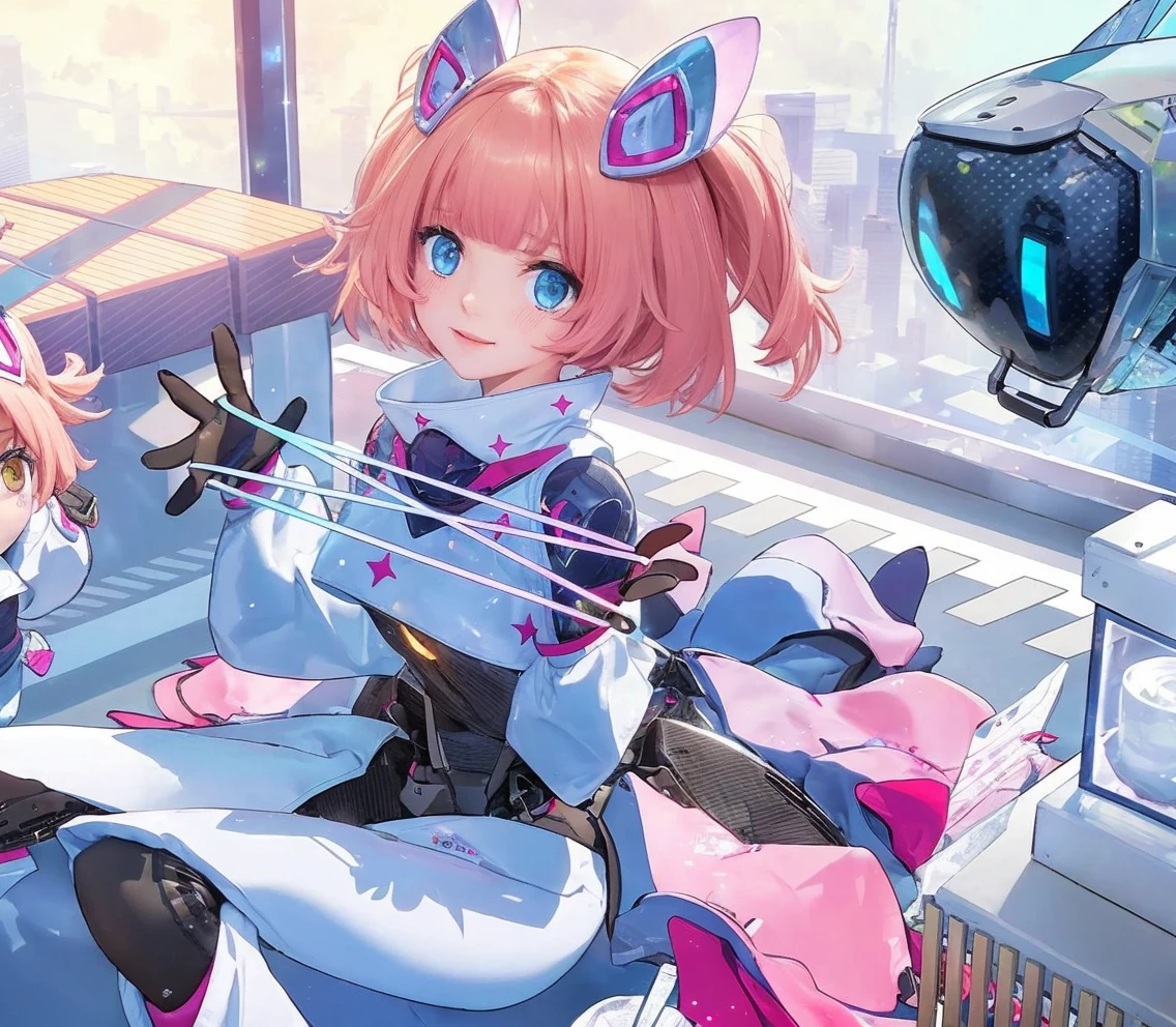 A girl wearing separate clothes that sparkle like a mirror. She is wearing a short tank top. She wears a  underneath and has a navel-baring look. It shows the scenery around her. A large park in the city., depth of field, depth of field, ccurate, anatomically correct, high quality, super detail, highres