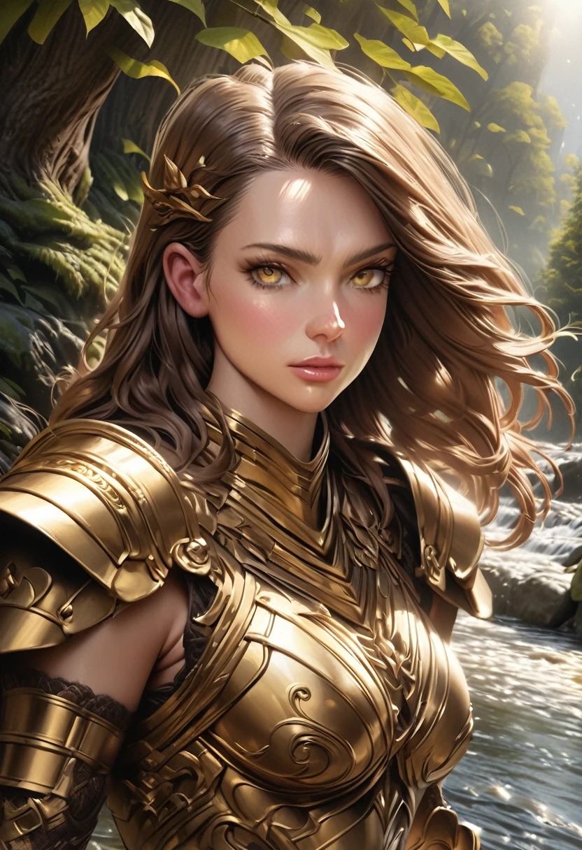 a beautiful female knight, golden armor, golden sword, standing next to the world tree, river flowing nearby, lush green mountains in the background, (best quality,4k,8k,highres,masterpiece:1.2),ultra-detailed,(realistic,photorealistic,photo-realistic:1.37),1girl,extremely detailed face and eyes,exquisite facial features,intricate armor,sunlight streaming through leaves,dramatic lighting,vibrant colors,fantasy,epic