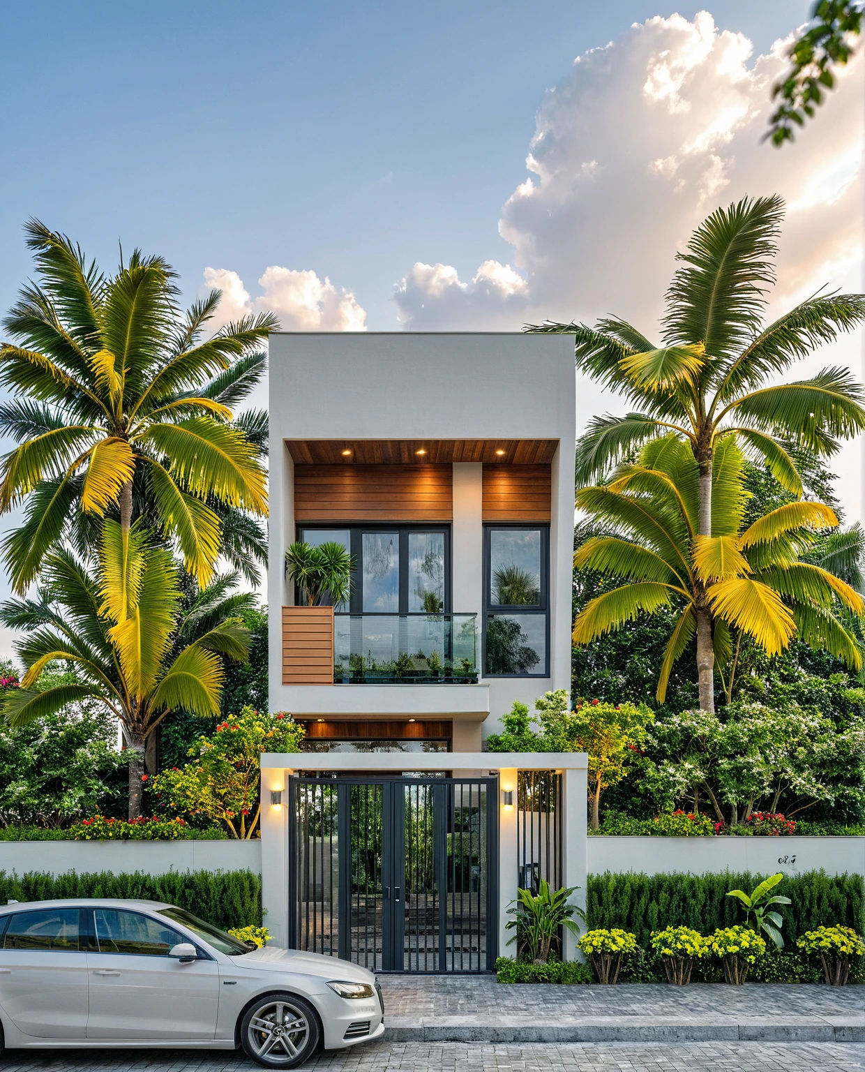 Masterpiece, high quality, best quality, authentic, super detailed, outdoor, aiaigroup, 2-storey modern townhouse style, stairs, white wall combined with wood, conwood wall, wind encaustic tiles, gate iron, conwood ceiling, flowers, walkway, summer evening, grass, trees, sky, clouds, (daylight: 1.1)