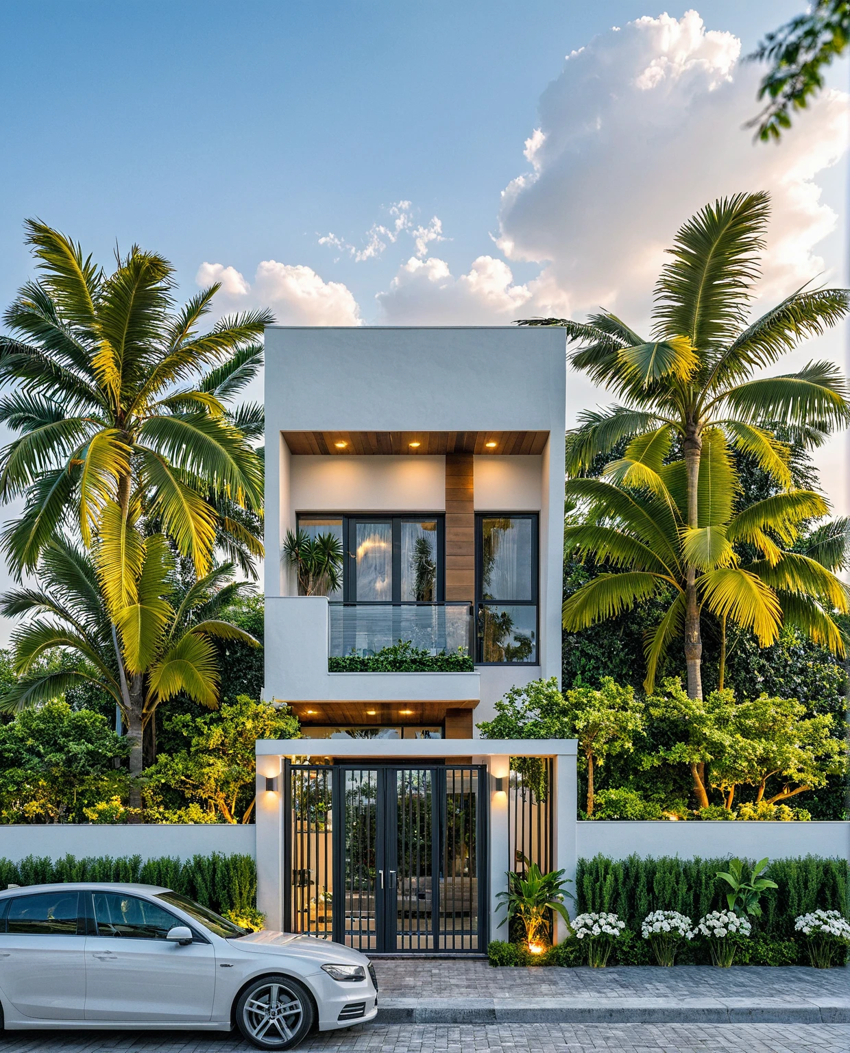 Masterpiece, high quality, best quality, authentic, super detailed, outdoor, aiaigroup, 2-storey modern townhouse style, stairs, white wall combined with wood, conwood wall, wind encaustic tiles, gate iron, conwood ceiling, flowers, walkway, summer evening, grass, trees, sky, clouds, (daylight: 1.1)