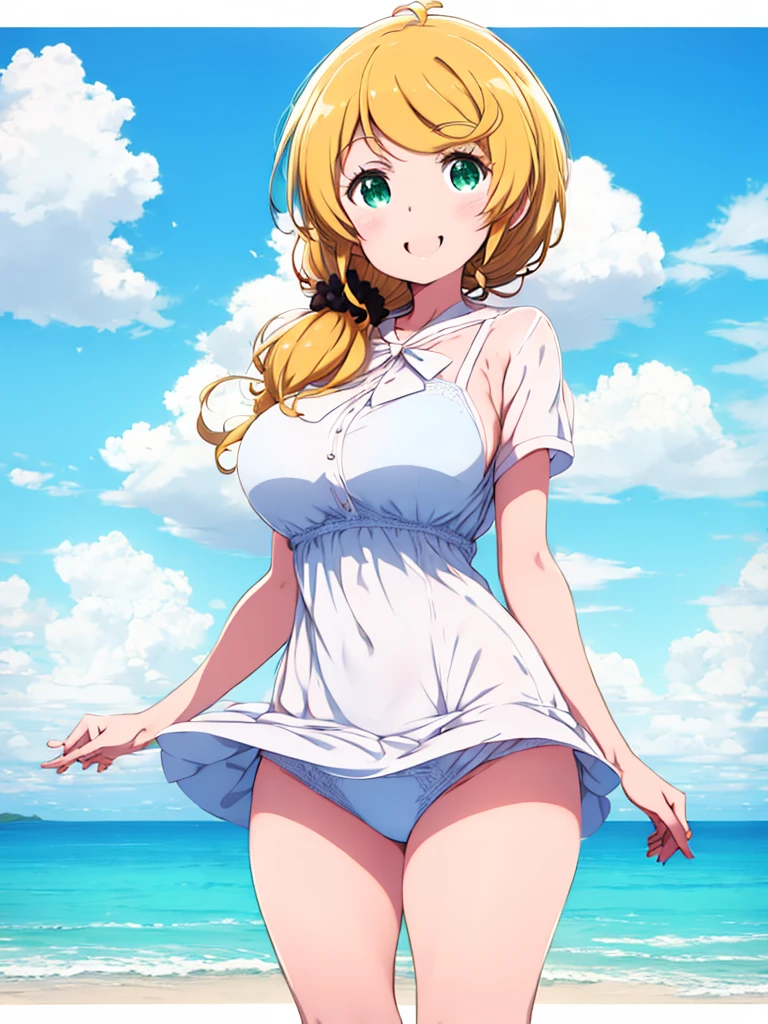 One Woman、ellen_baker, green eyes, blonde hair, long hair, hair scrunchie, bikini, Beach, Large Breasts, Thighs, Happy, Are standing, cute、 View your viewers, smile、Upper Body、blue sky、