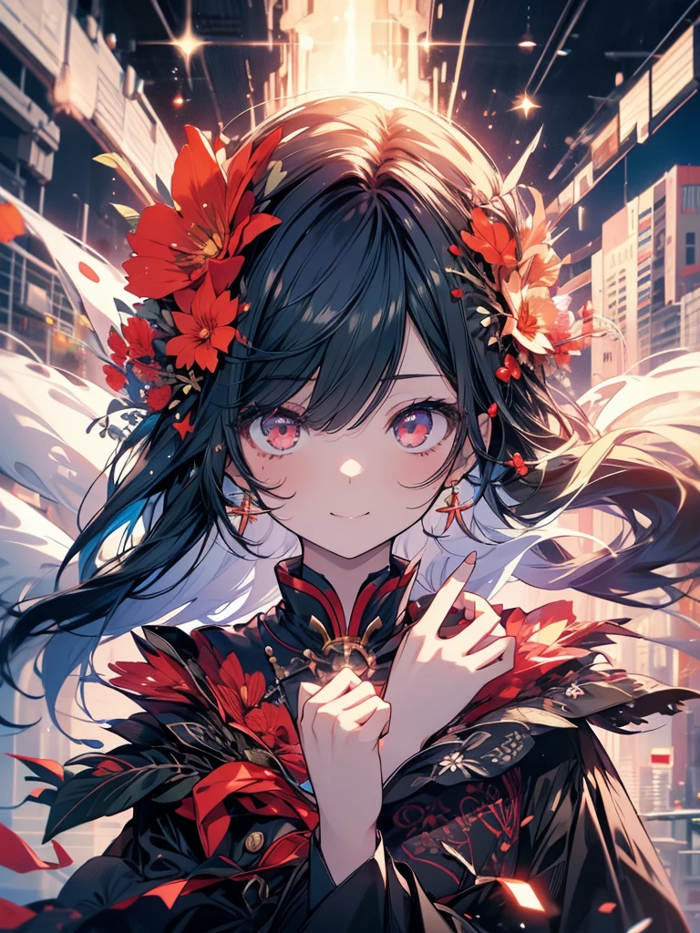 (masterpiece, highest quality, highest quality, (No text), Beautiful and aesthetic:1.2),No text,アニメ、 BREAK,One Girl，Short black hair　Beautiful eyes　Red eyes　Beautiful girl　cool　smile　Black Coat　mini skirt　whole body　Night view　Beautifully detailed face and eyes、Detailed eyes and face、Intricate details, Ergonomically correct depiction of five fingers, 繊細なsmile